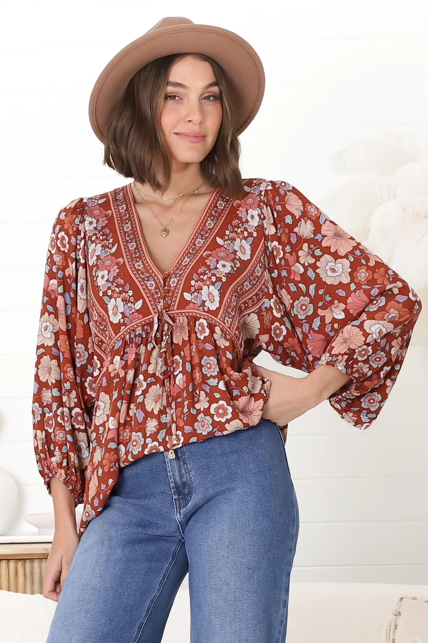 Joelle Top - V Neck High-Low Top in Anissa Print Rust sold by Salty Crush product image thumbnail 2