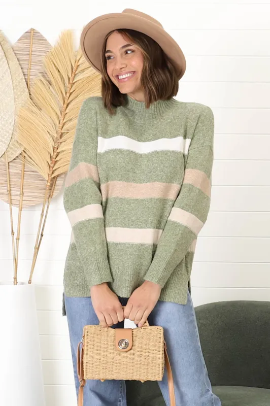 Piper Jumper - High Collar Stripe Wool Blend Jumper in Green sold by Salty Crush