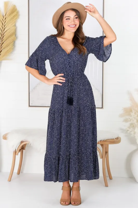 Tillie Maxi Dress - A Line Dress with Flute Sleeves and Pull Tie Waist in Navy sold by Salty Crush