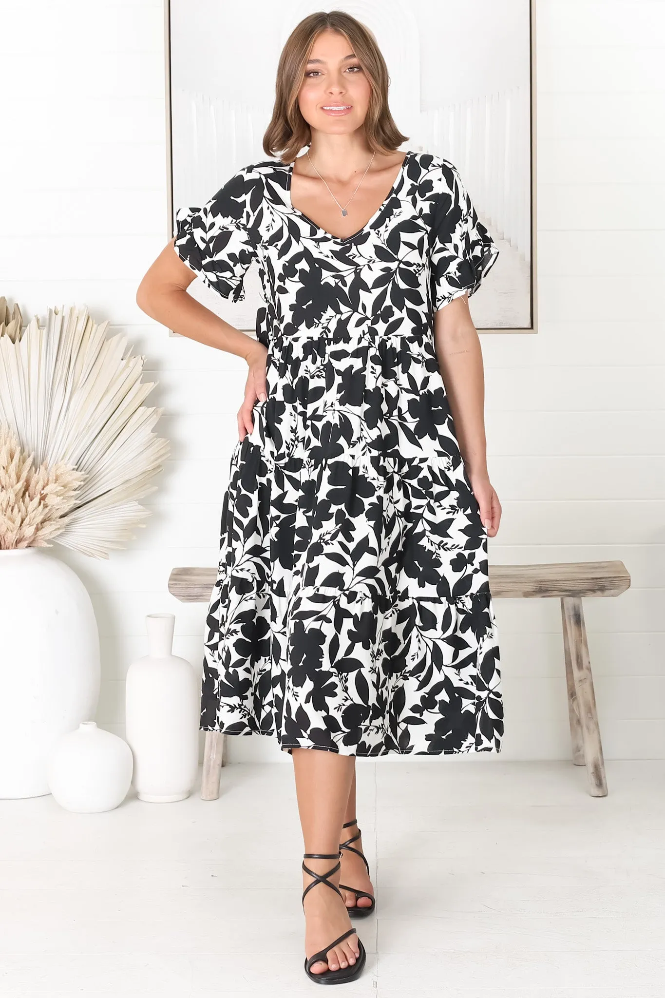 Polly Midi Dress - Pull Over Soft V Neck Tiered Dress in Black sold by Salty Crush product image thumbnail 3