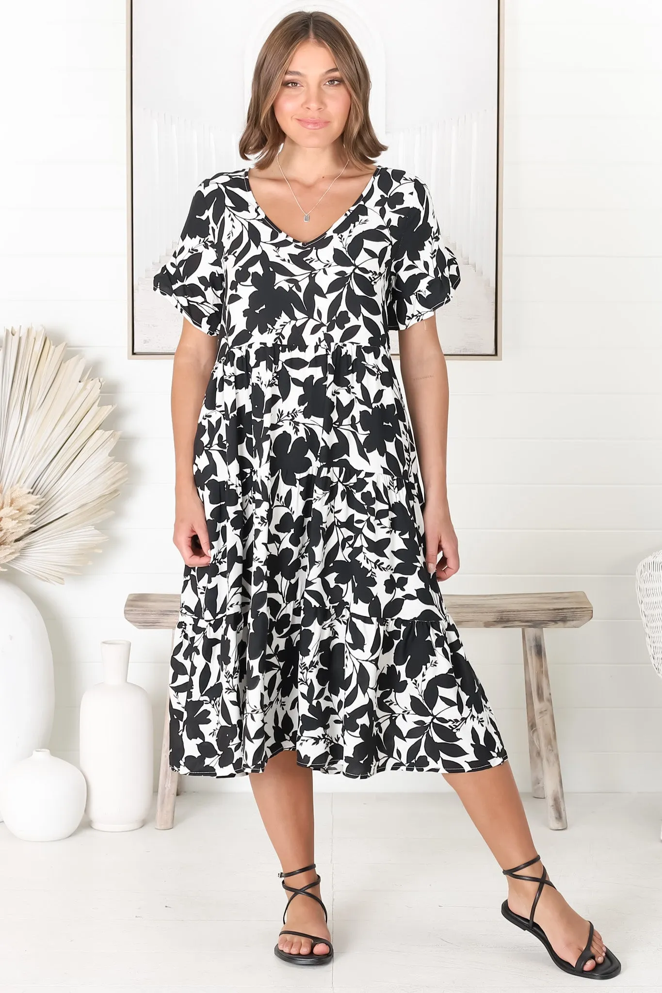 Polly Midi Dress - Pull Over Soft V Neck Tiered Dress in Black sold by Salty Crush