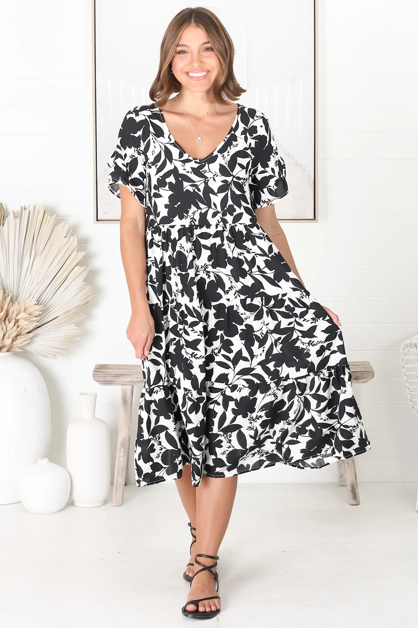 Polly Midi Dress - Pull Over Soft V Neck Tiered Dress in Black sold by Salty Crush product image thumbnail 4