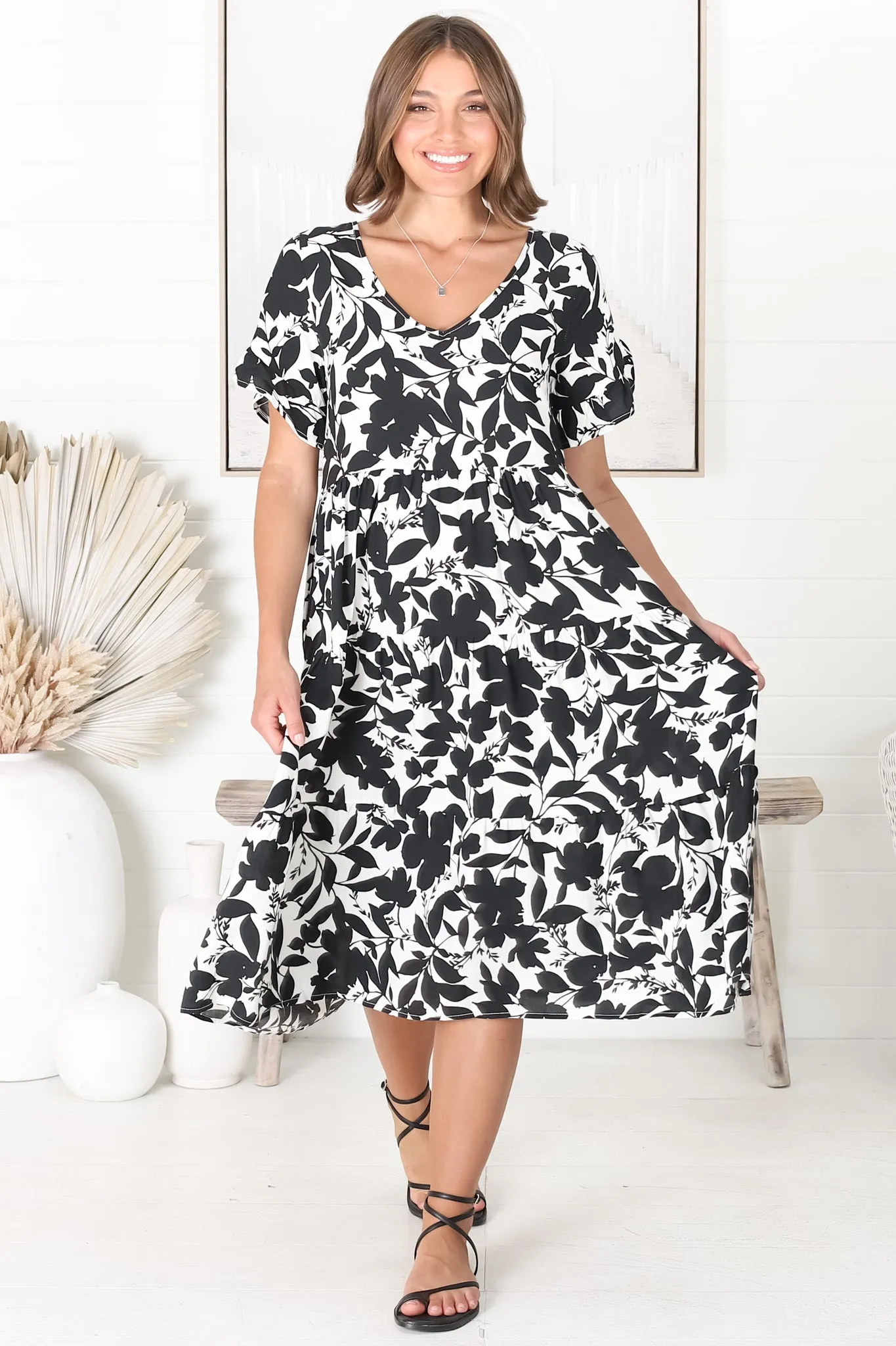 Polly Midi Dress - Pull Over Soft V Neck Tiered Dress in Black sold by Salty Crush product image thumbnail 2