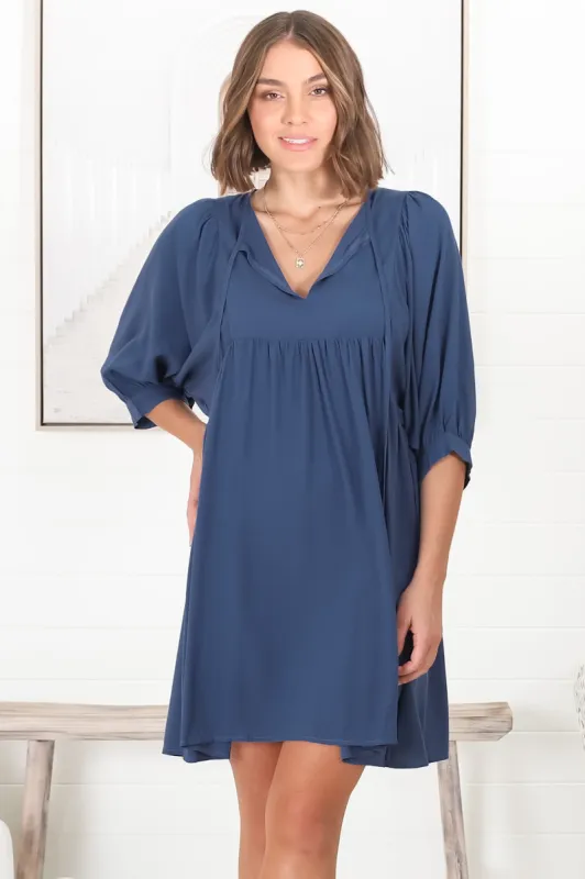 Mariah Mini Dress - V Neck Smock Dress with Batwing Sleeves in Navy sold by Salty Crush