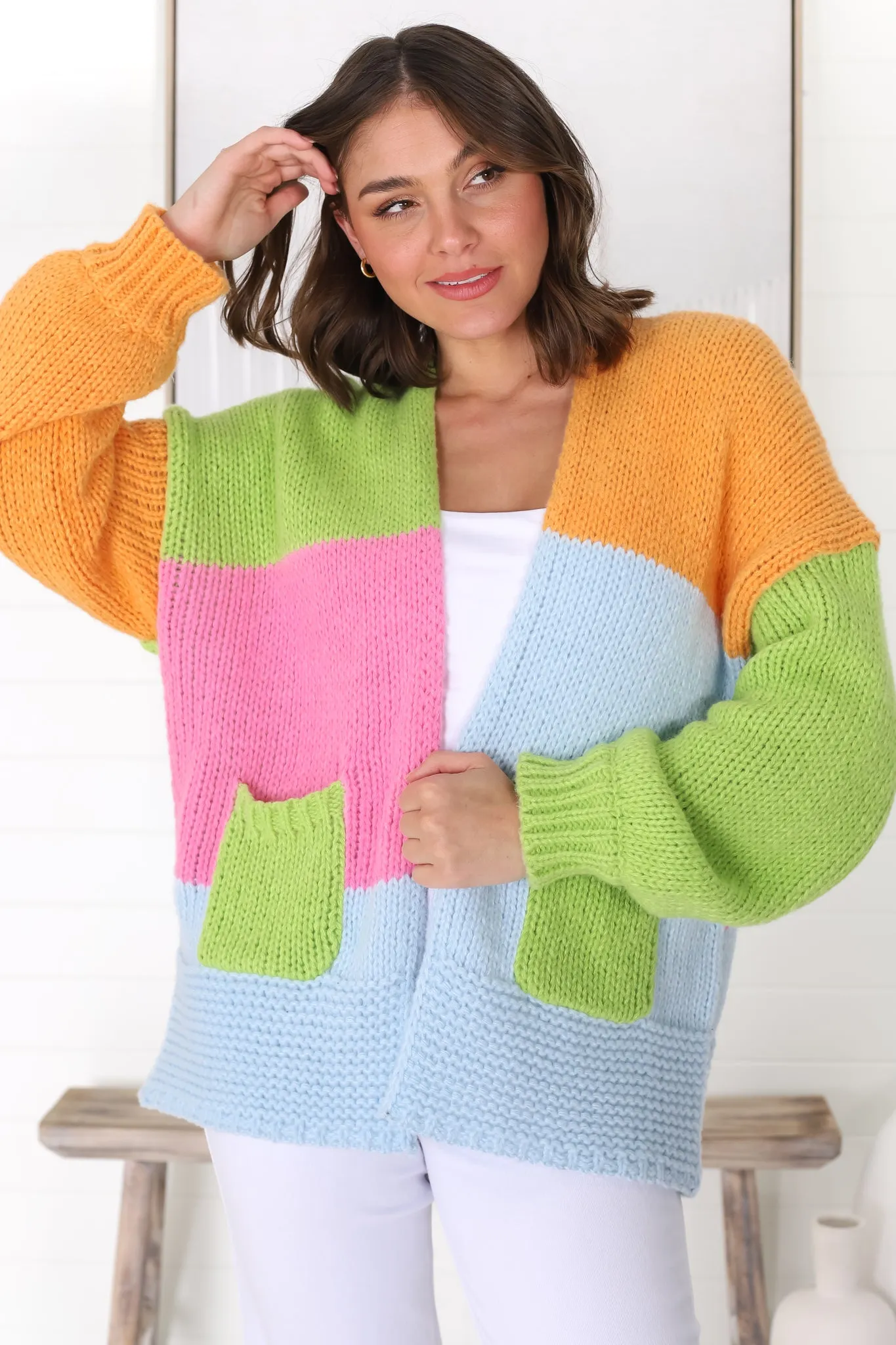 Katey Cardigan - Colour Block Crop Cardigan with Pockets in Green sold by Salty Crush product image thumbnail 5