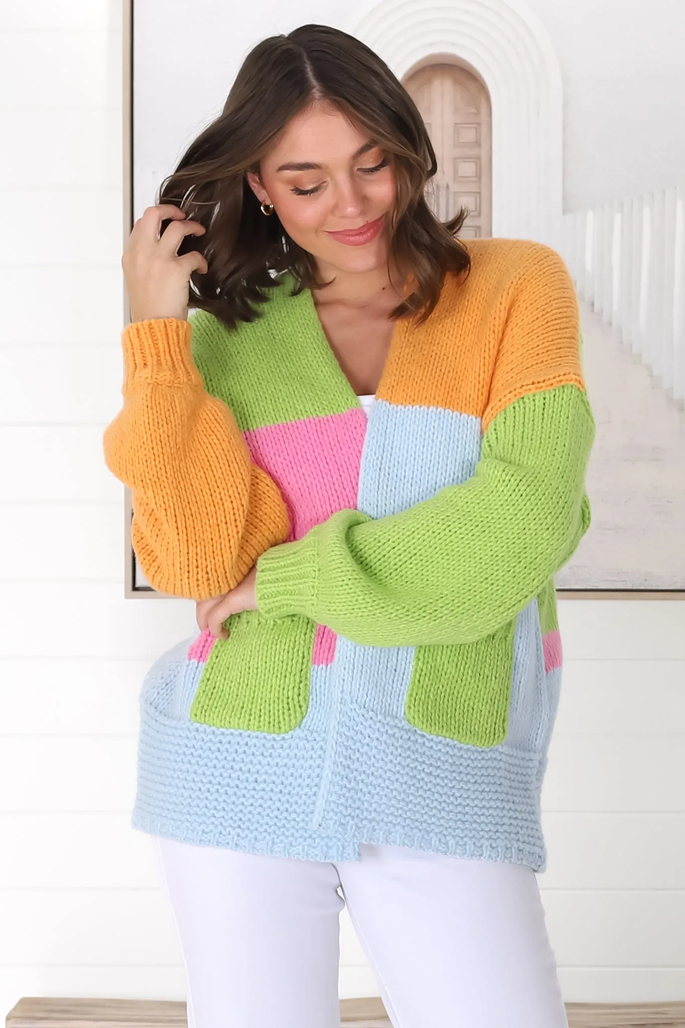 Katey Cardigan - Colour Block Crop Cardigan with Pockets in Green sold by Salty Crush product image thumbnail 3