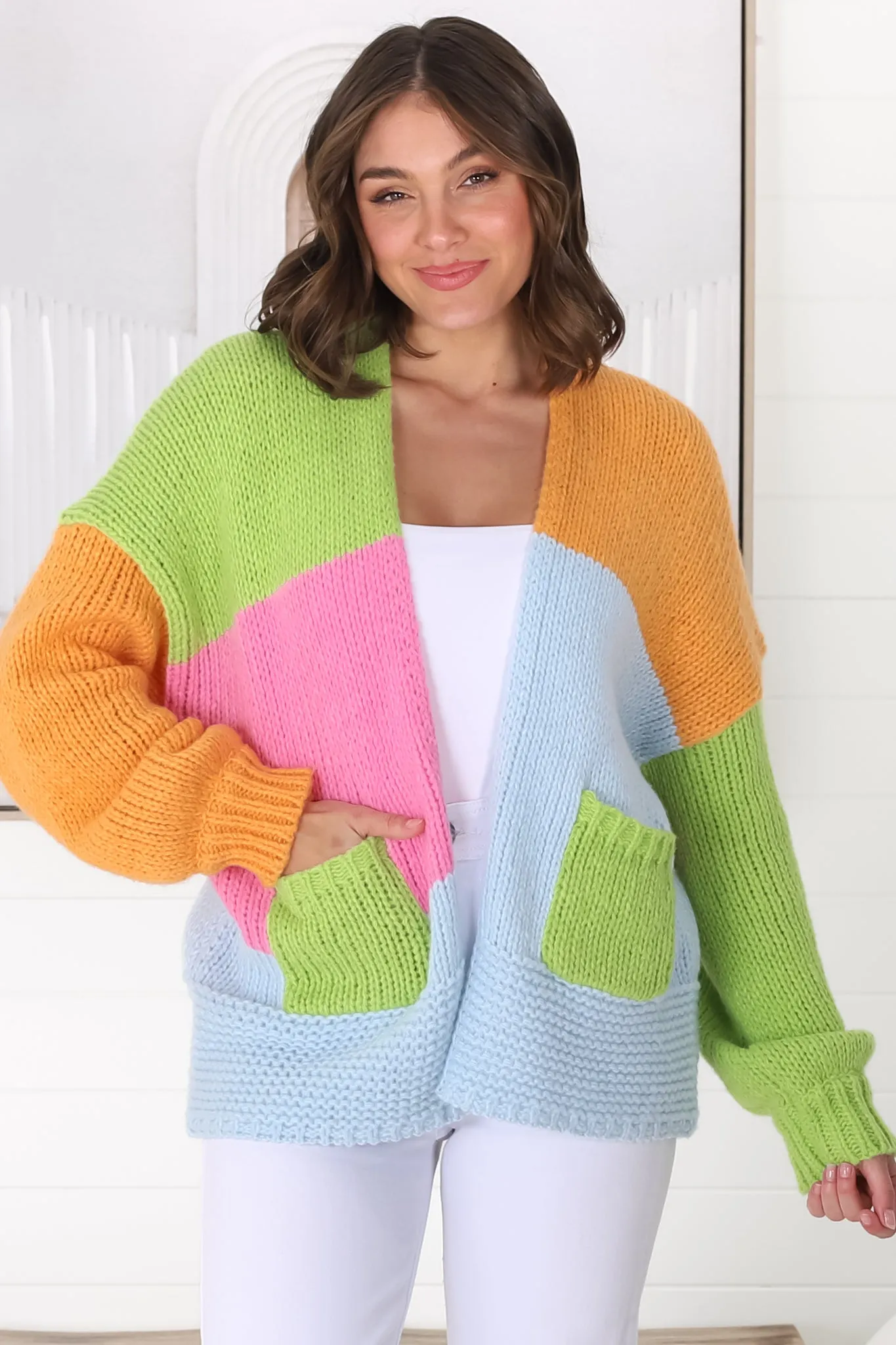 Katey Cardigan - Colour Block Crop Cardigan with Pockets in Green sold by Salty Crush