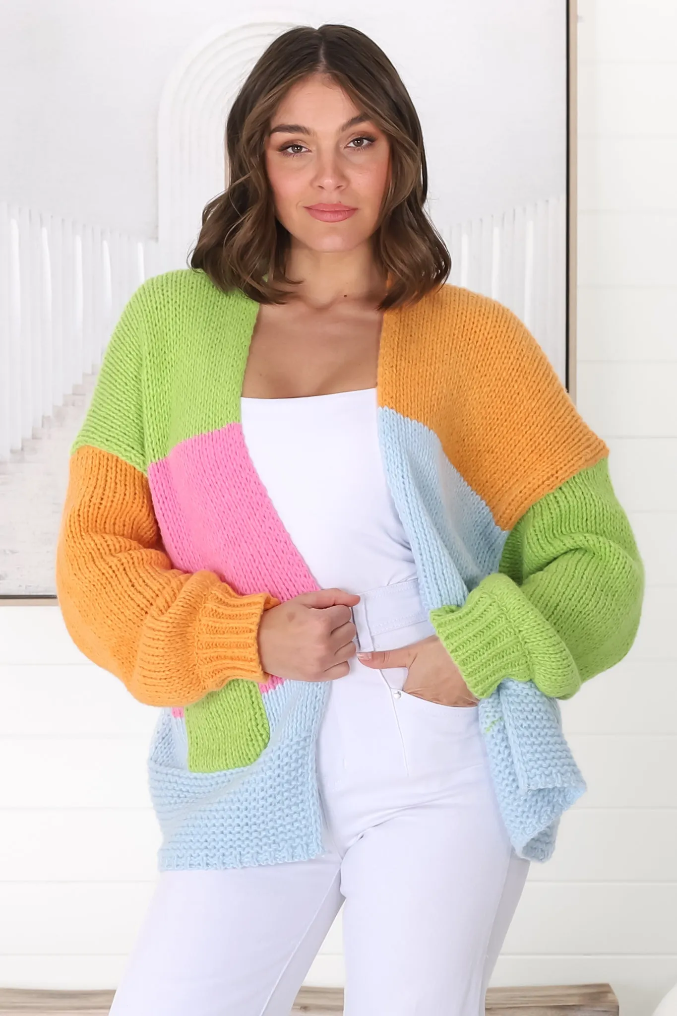 Katey Cardigan - Colour Block Crop Cardigan with Pockets in Green sold by Salty Crush product image thumbnail 2