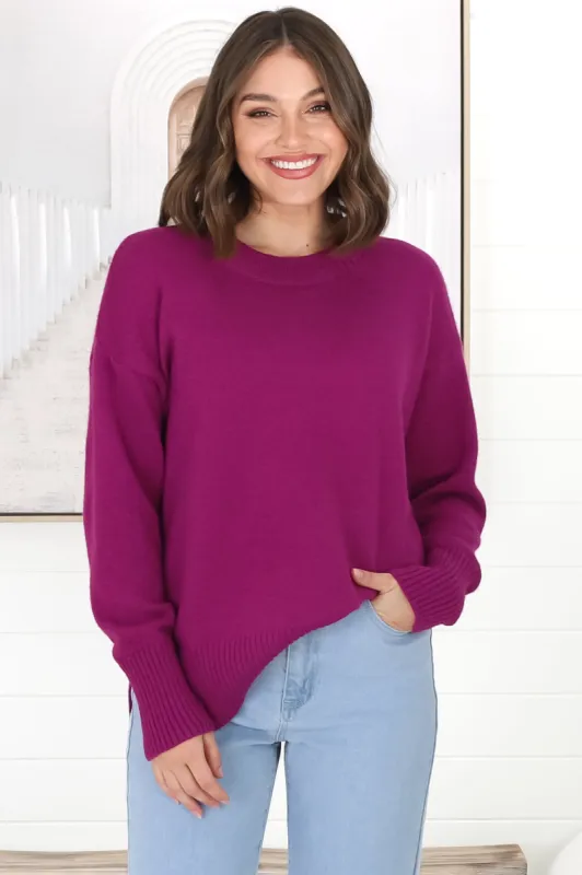 Rita Jumper  - Relaxed Crew Neck Knit with Side Splits in Purple sold by Salty Crush