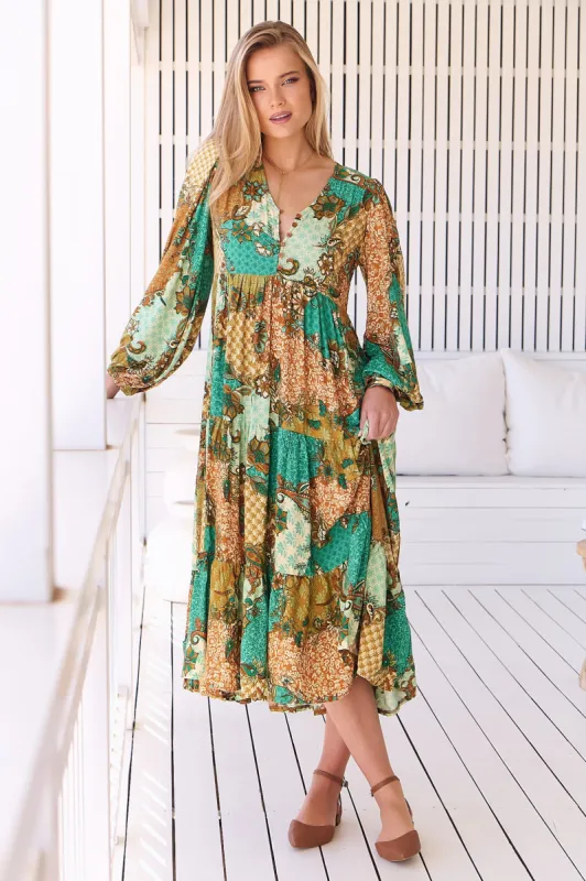 JAASE - Eve Midi Dress: V Neck Tiered Dress with Option Waist Tie in Wanderlust Print sold by Salty Crush