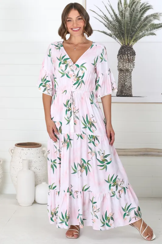 Olianna Maxi Dress - Crochet Trim Bell Sleeve A Line Dress with Pull Tie Waist in Pink sold by Salty Crush