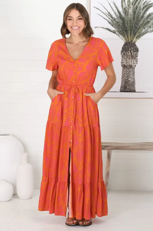 Havanah Maxi Dress - Button Through A Line Dress With Waist Tie In Orange sold by Salty Crush