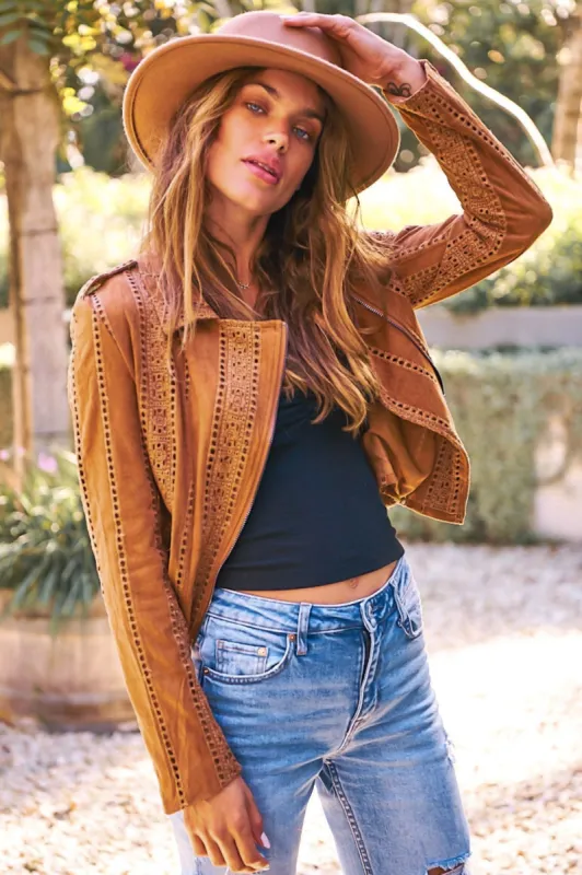 Jodi Jacket - Embroidered Detailing Biker Faux Suede Jacket in Tan sold by Salty Crush