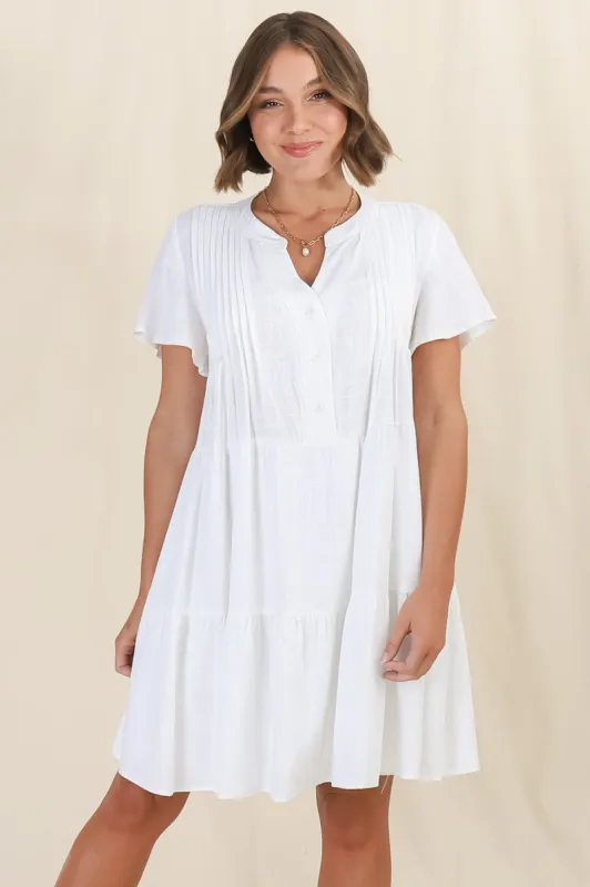 Sloane Mini Dress - Mandarin Collar Pleated Bodice Tiered Smock Dress in White sold by Salty Crush