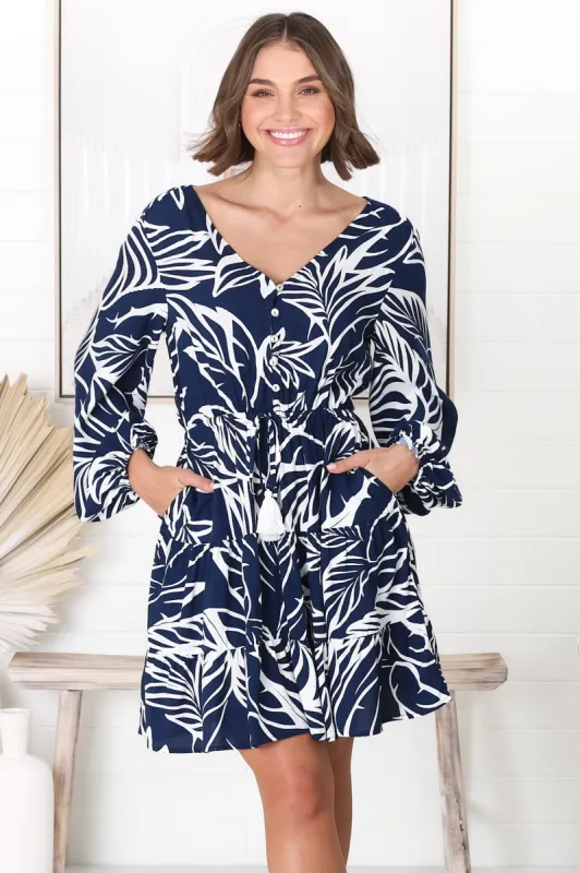 Lara Mini Dress - V Neck Long Sleeve Dress in Navy Jeani Print sold by Salty Crush