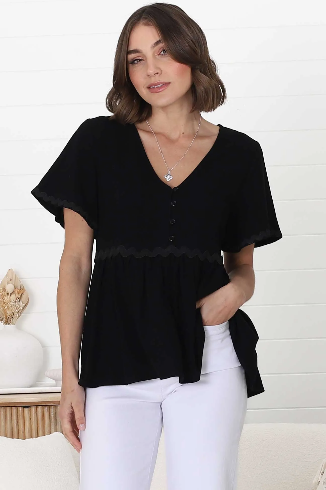 Aster Top - Pull Over Top with Rick Rack Detailing in Black sold by Salty Crush