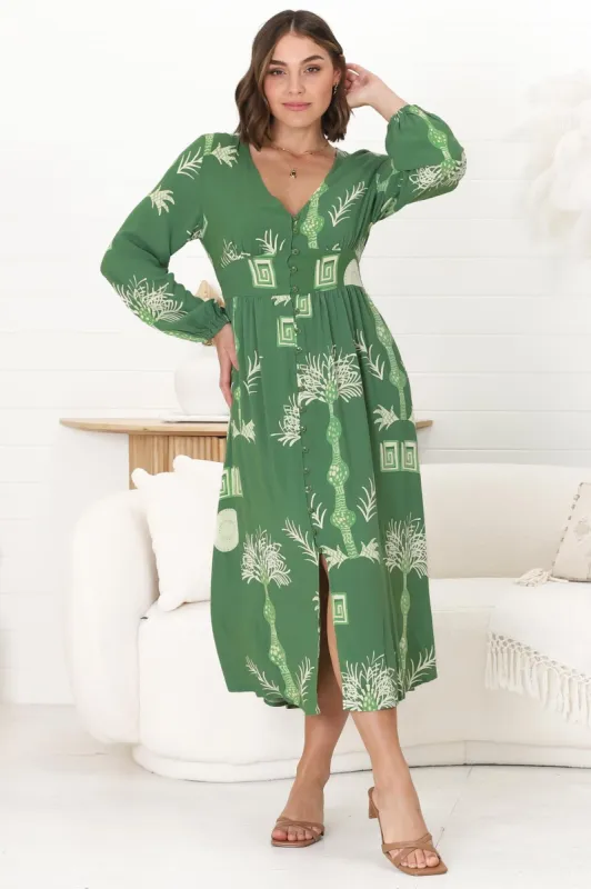 Bello Midi Dress -  Button Through Dress with Balloon Sleeves in Maree Print Green sold by Salty Crush