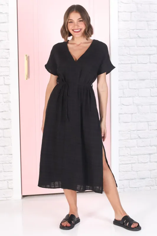 Tanera Midi Dress - Pull Over Tunic Dress with Waist Tie in Black sold by Salty Crush