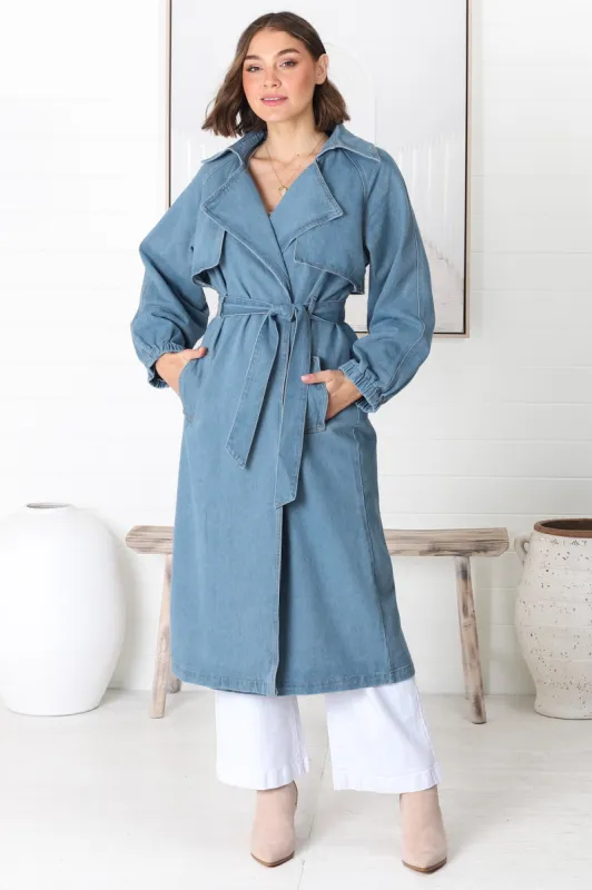 Blaze Denim Coat - Balloon Sleeve Wrap Trench Coat in Denim Wash sold by Salty Crush