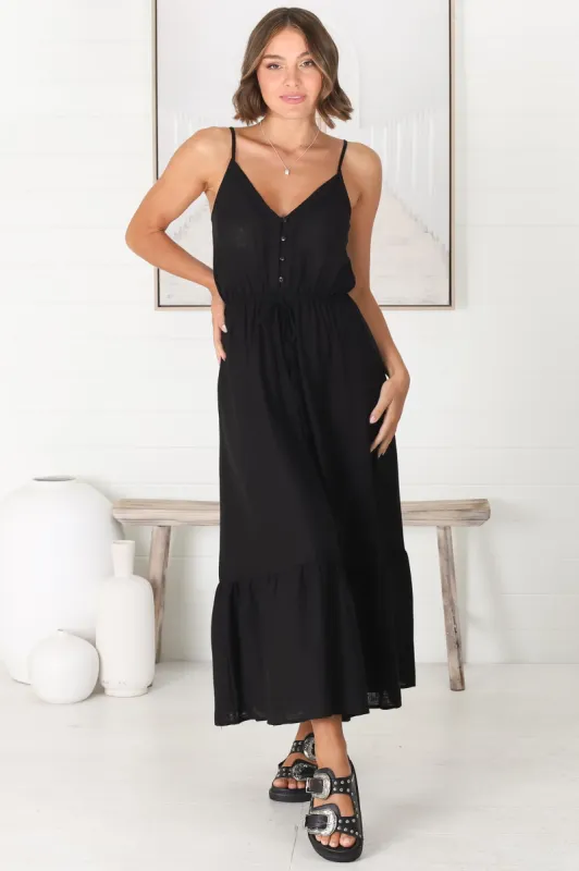 Ansel Midi Dress - Adjustable Strap Linen Sun Dress in Livvy Black sold by Salty Crush