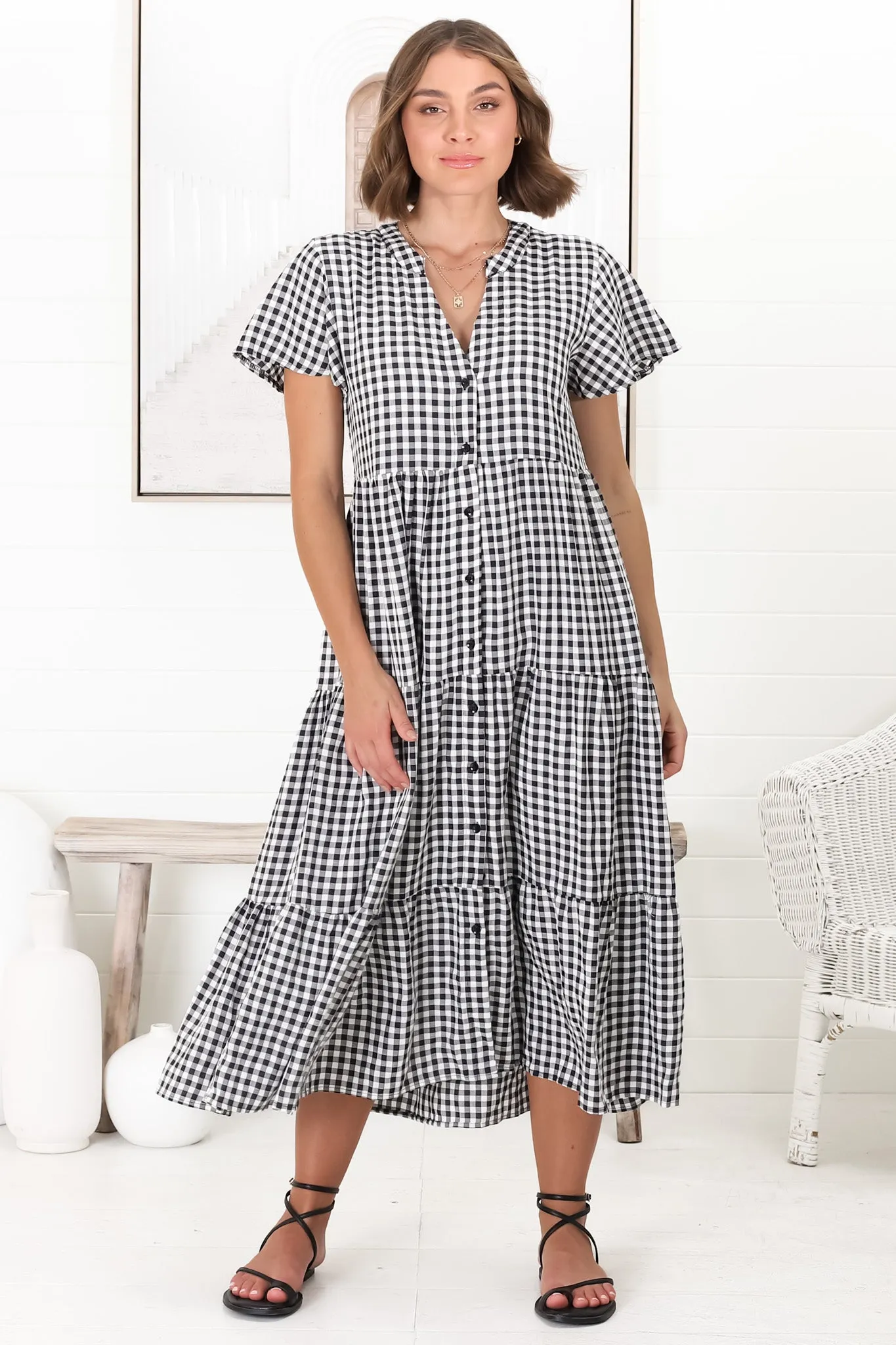 Milla Midi Dress - Tiered Button Down Dress in Gingham Mistee Print Black sold by Salty Crush product image thumbnail 5
