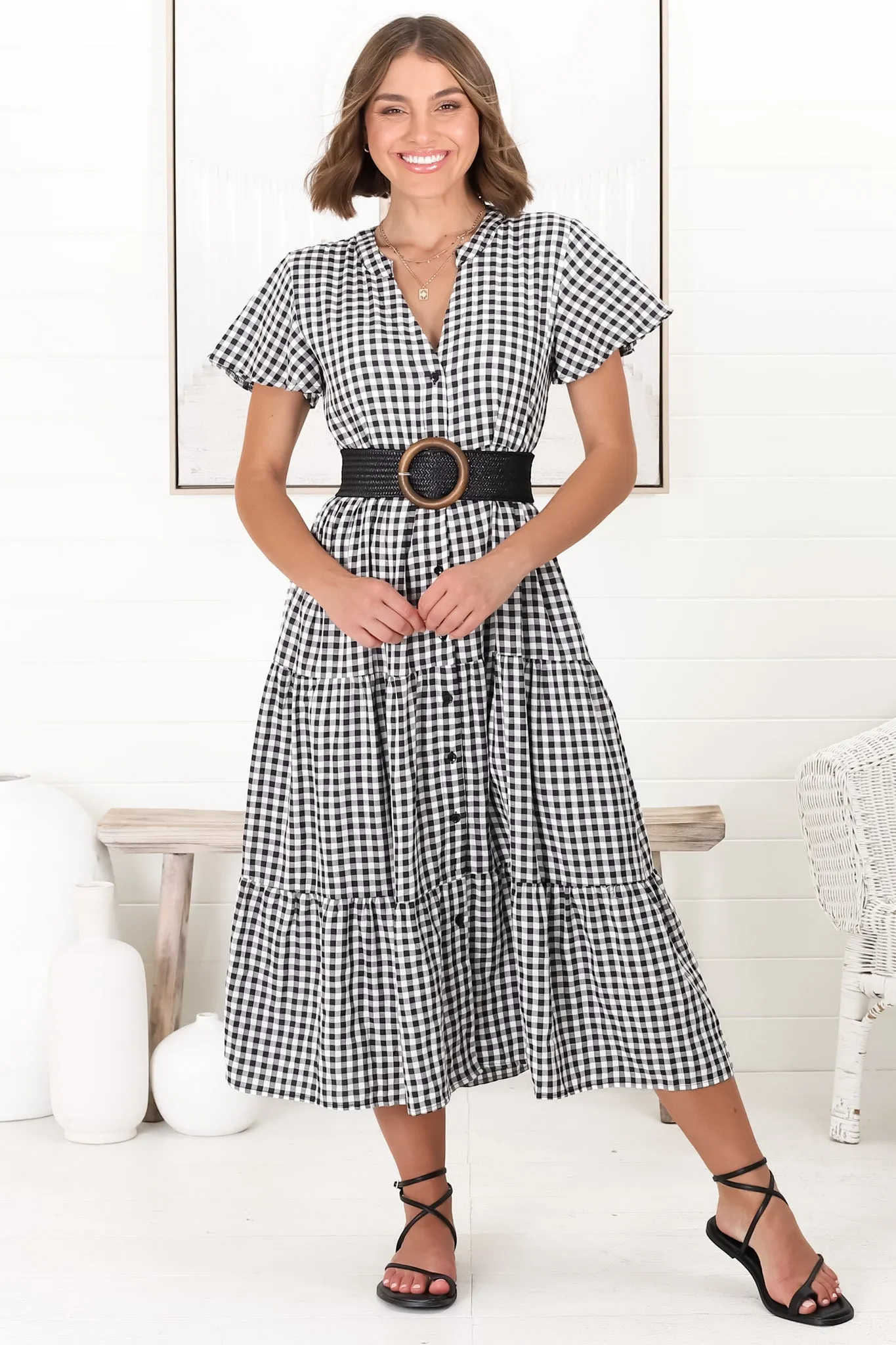 Milla Midi Dress - Tiered Button Down Dress in Gingham Mistee Print Black sold by Salty Crush product image thumbnail 2