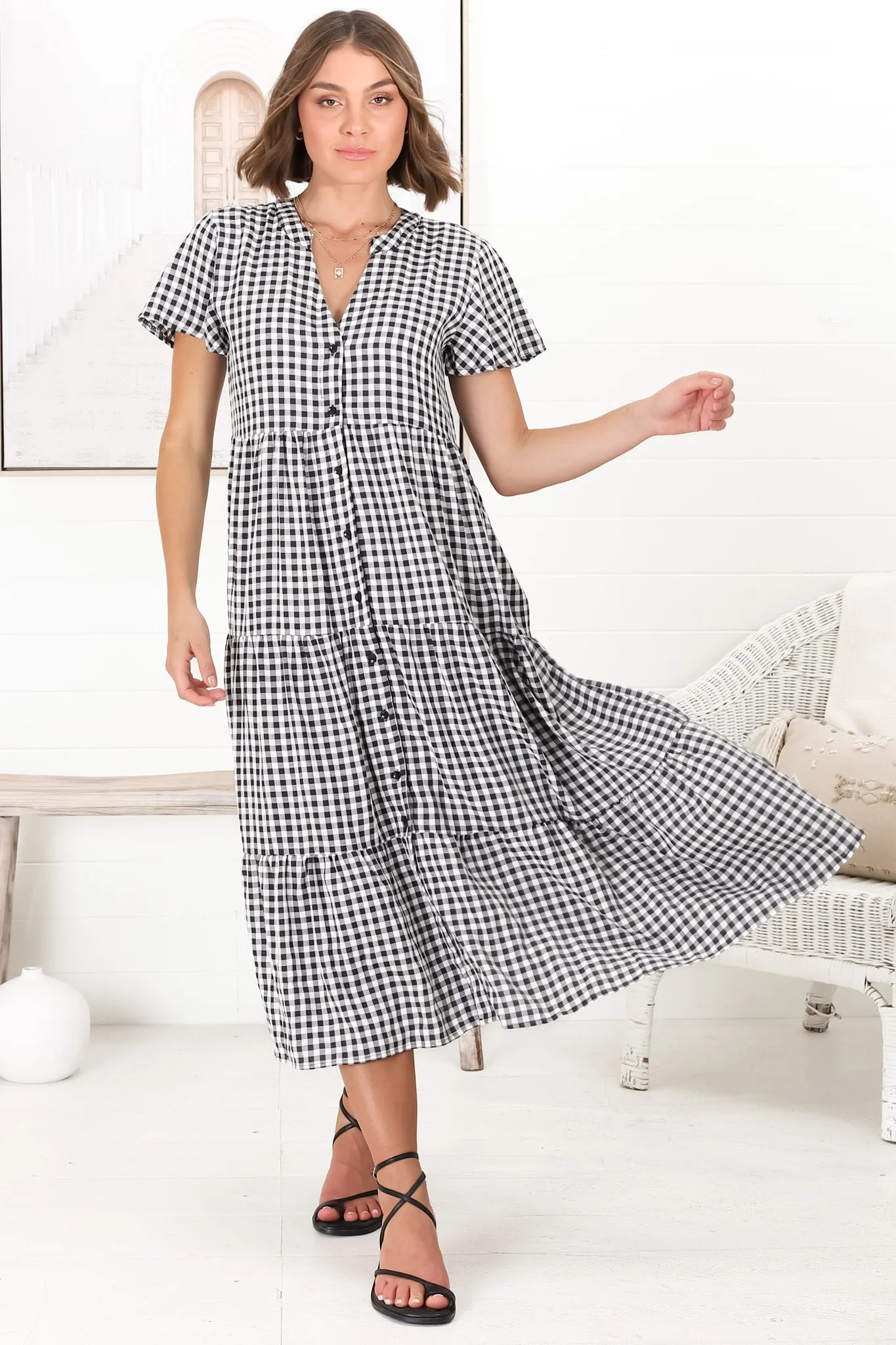 Milla Midi Dress - Tiered Button Down Dress in Gingham Mistee Print Black sold by Salty Crush product image thumbnail 3