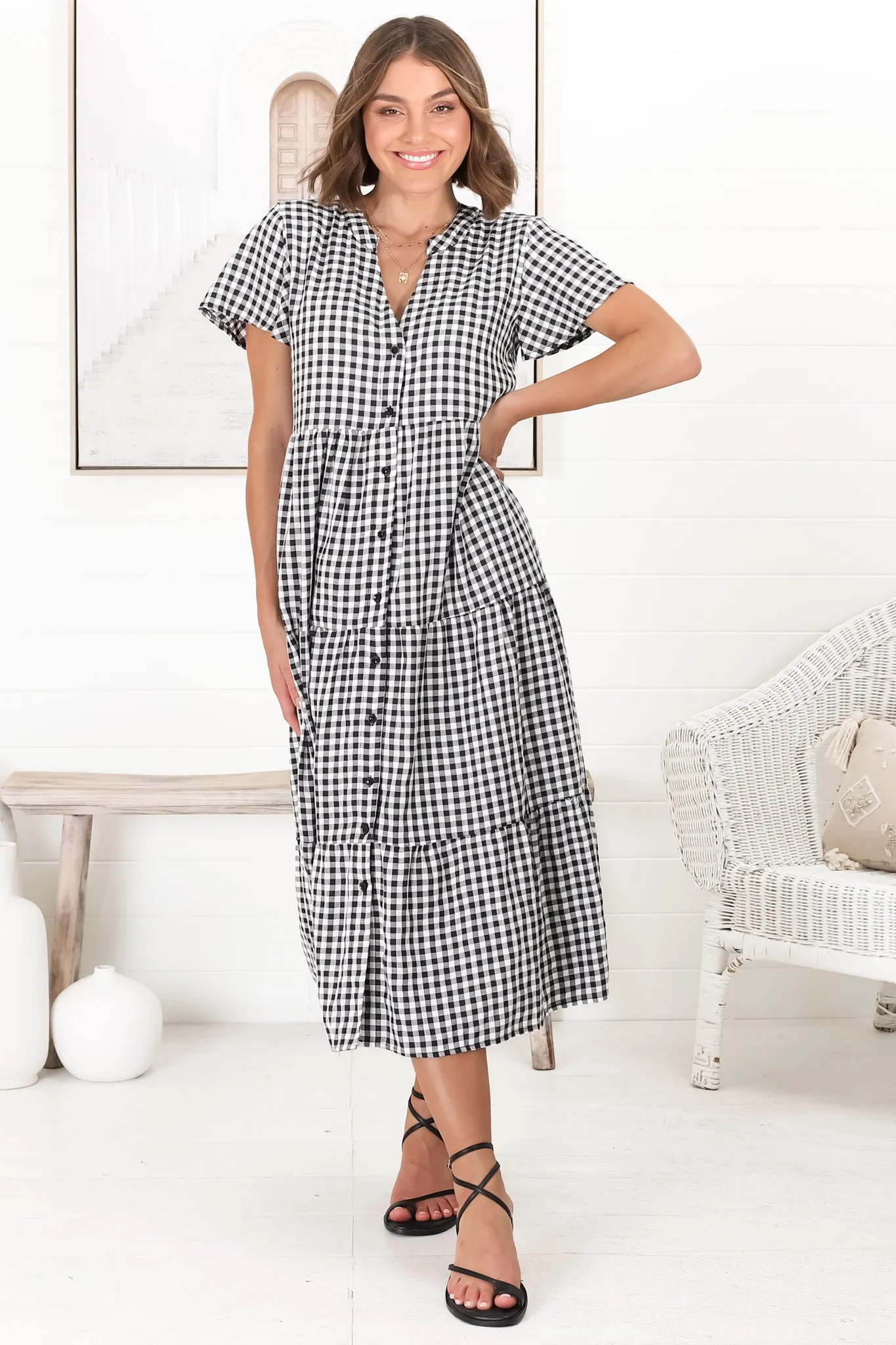 Milla Midi Dress - Tiered Button Down Dress in Gingham Mistee Print Black sold by Salty Crush product image thumbnail 4