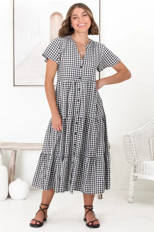Milla Midi Dress - Tiered Button Down Dress in Gingham Mistee Print Black sold by Salty Crush