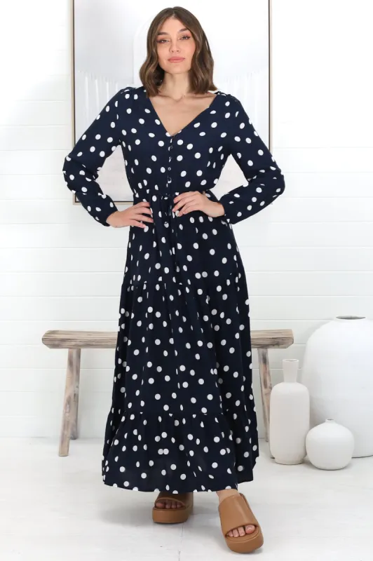 Mahony Maxi Dress - Buttoned Bodice Pull In Waist Dress in Royal Bluw sold by Salty Crush