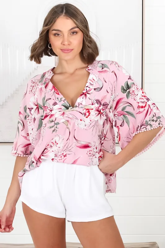 Gabriella Top - Mandarin Collar Deep V Neck Crochet Trim Top in Pink Lotus Print sold by Salty Crush