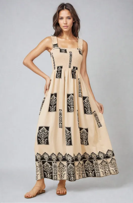 Carmelle Maxi Dress - Thick Strap Elasticated Bodice Sun Dress in Cannes Print sold by Salty Crush