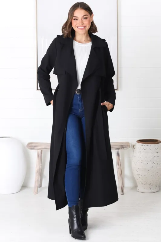 Belmore Trench Coat - Cinched Waist with Tie Coat in Black sold by Salty Crush