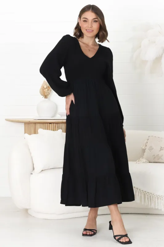 Maive Midi Dress - Shirred Bodice Tiered A Line Dress in Black sold by Salty Crush