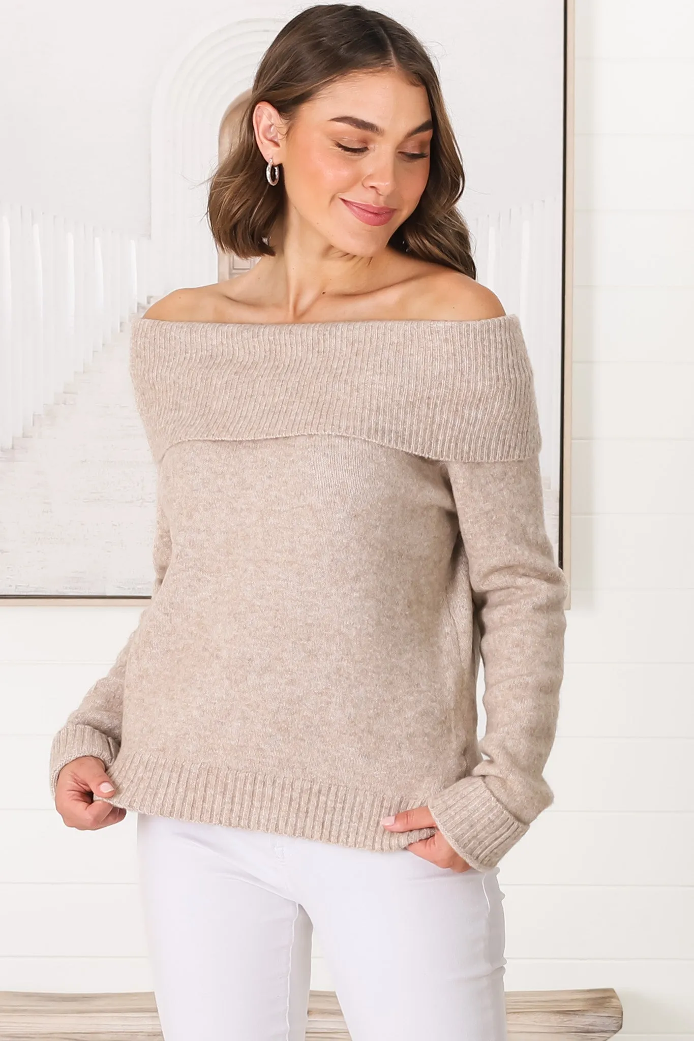 Angie Knit Jumper - Folded Off Shoulder Neckline Jumper in Taupe sold by Salty Crush product image thumbnail 3