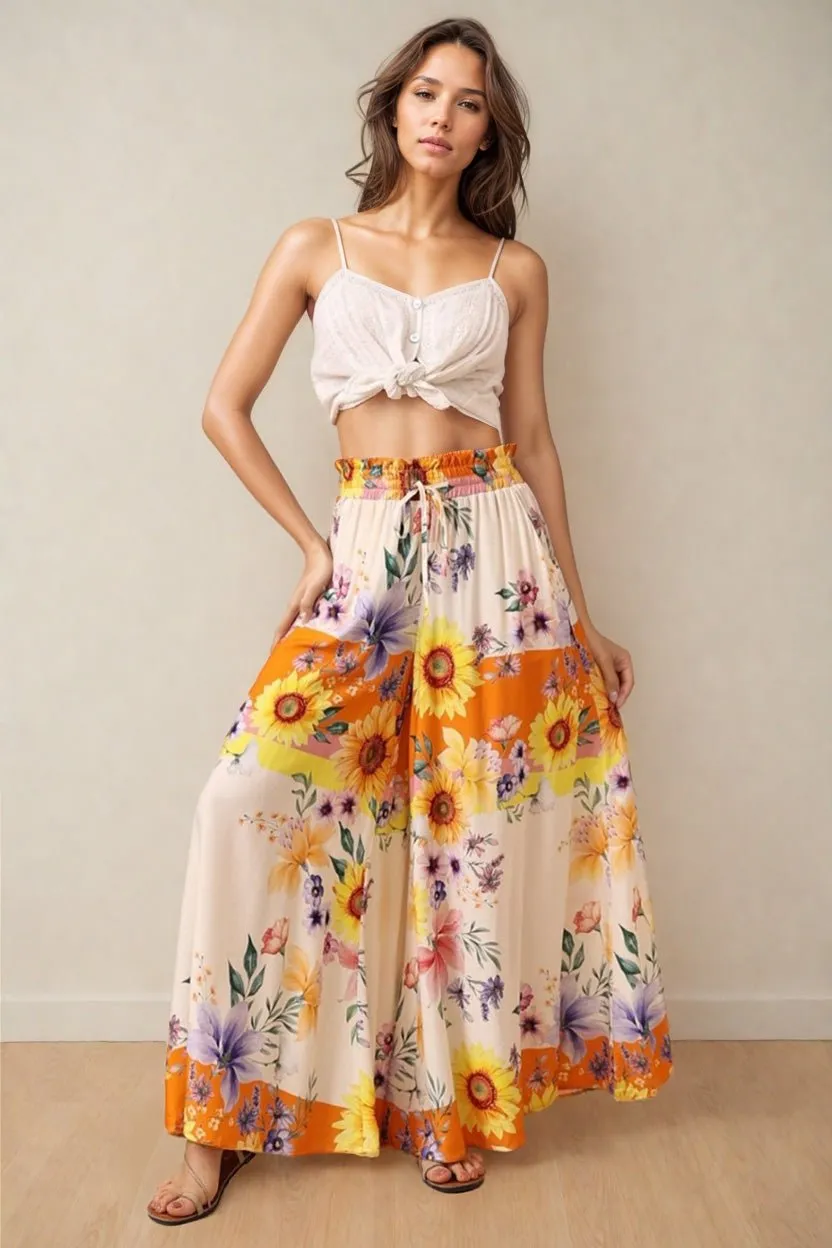 Charli Pants - Paper Bag High Waisted Wide Leg Pants in Tansy Print sold by Salty Crush
