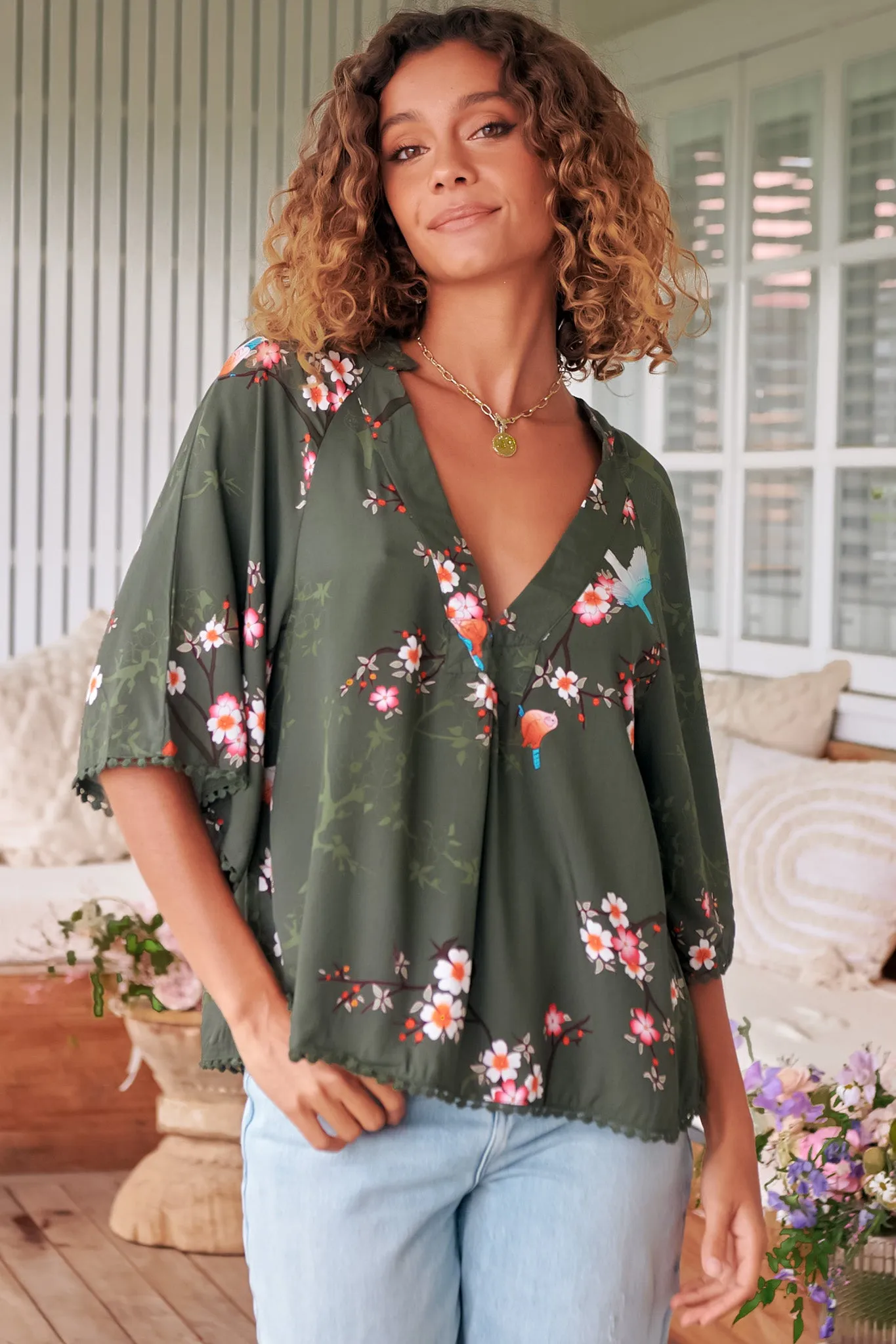 JAASE - Gabriella Top: Mandarin Collar Deep V Neck Crochet Trim Top In Birds Paradise sold by Salty Crush