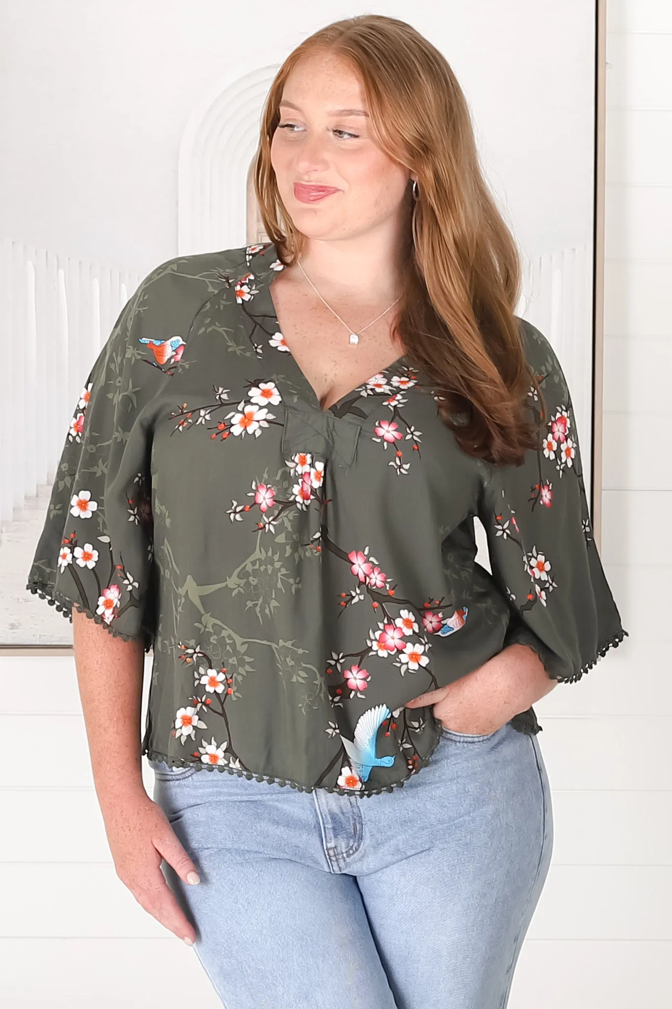 JAASE - Gabriella Top: Mandarin Collar Deep V Neck Crochet Trim Top In Birds Paradise sold by Salty Crush product image thumbnail 5