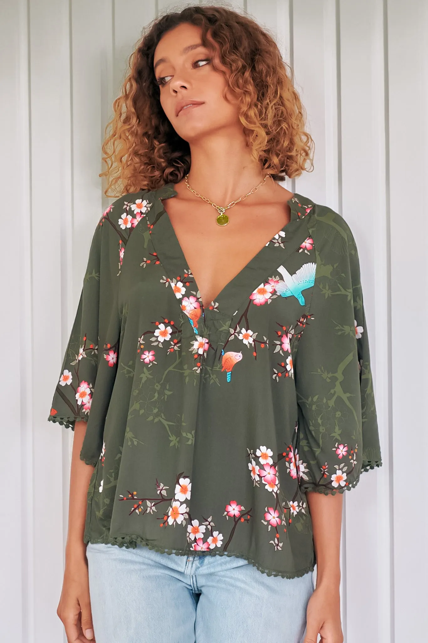 JAASE - Gabriella Top: Mandarin Collar Deep V Neck Crochet Trim Top In Birds Paradise sold by Salty Crush product image thumbnail 4