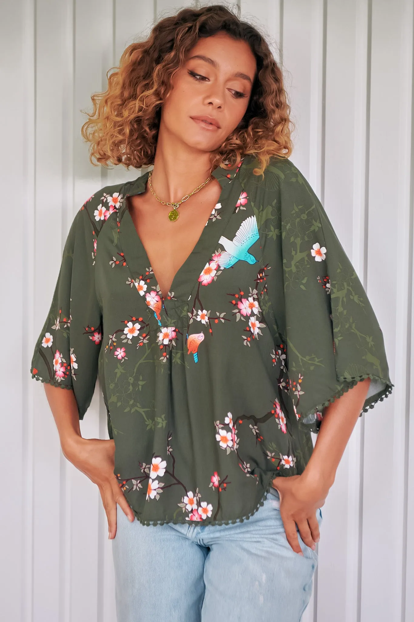 JAASE - Gabriella Top: Mandarin Collar Deep V Neck Crochet Trim Top In Birds Paradise sold by Salty Crush product image thumbnail 2