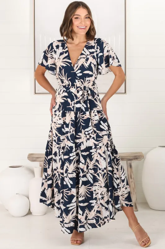 Ness Maxi Dress - Cross Bodice Cap Sleeve Tiered Dress in Hanny Print Navy sold by Salty Crush