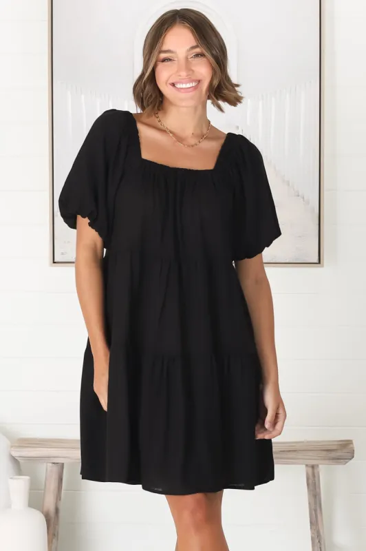 Harlow Mini Dress - On or Off Shoulder Balloon Sleeve Tiered Dress in Black sold by Salty Crush