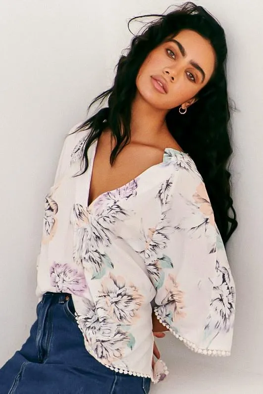 Gabriella Top - Mandarin Collar Deep V Neck Crochet Trim Top in Blooming Bouquet Print sold by Salty Crush product image thumbnail 5