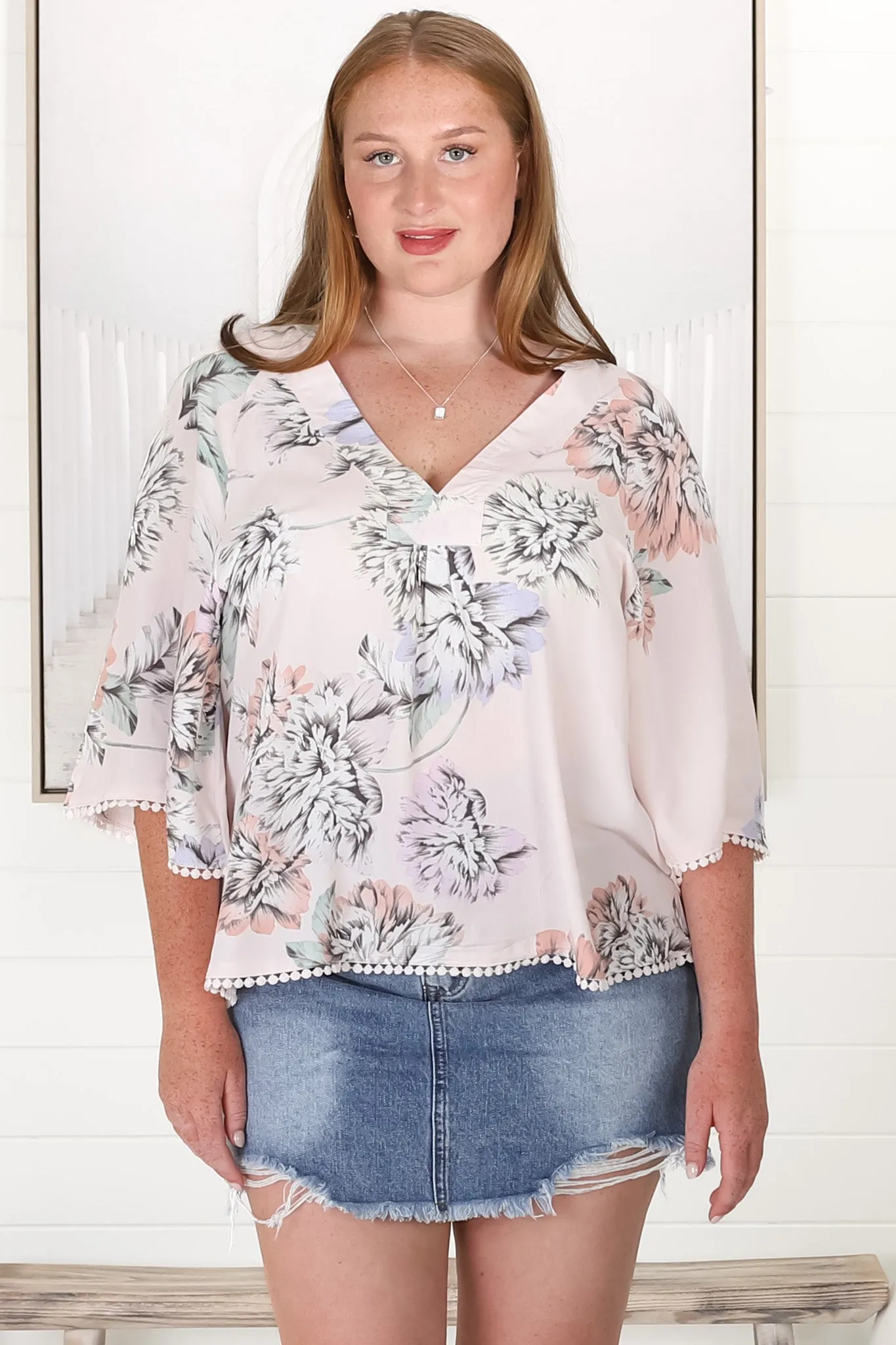 Gabriella Top - Mandarin Collar Deep V Neck Crochet Trim Top in Blooming Bouquet Print sold by Salty Crush product image thumbnail 2