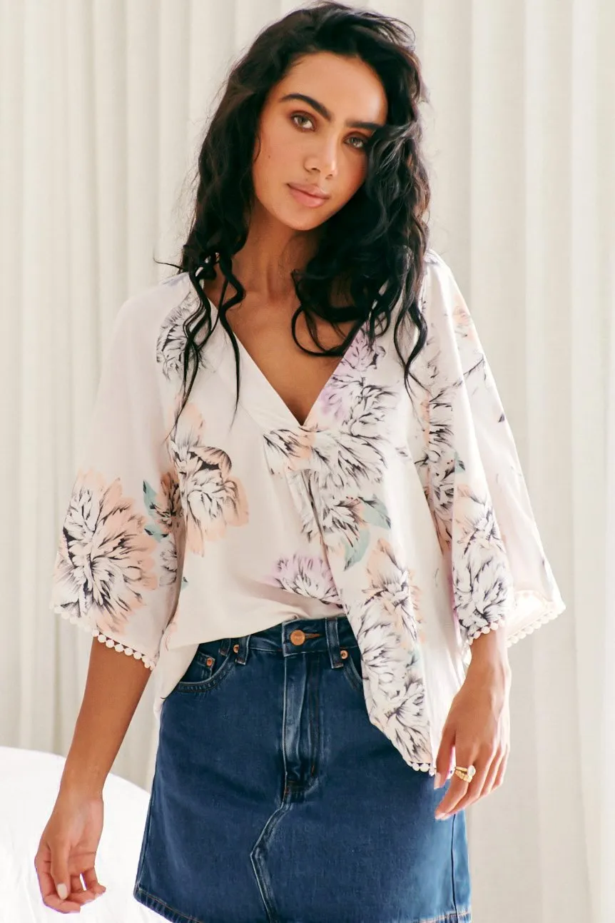 Gabriella Top - Mandarin Collar Deep V Neck Crochet Trim Top in Blooming Bouquet Print sold by Salty Crush product image thumbnail 3