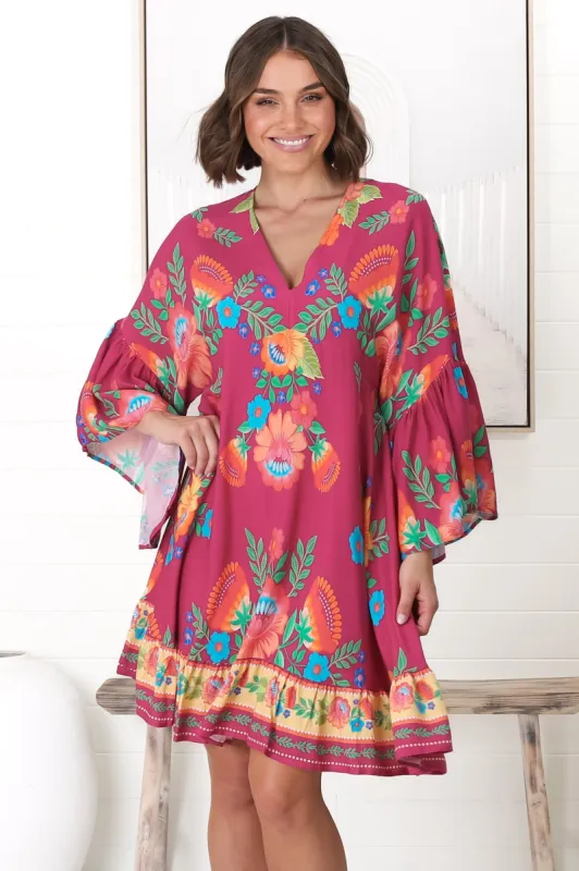 Tildy Mini Dress - V Neck Ruffled Smock Dress in Octavia Print sold by Salty Crush