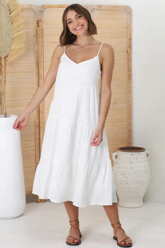 Rinley Midi Dress - Adjustable Strap Tiered Dress in White sold by Salty Crush