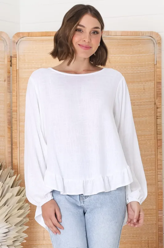 Solara Top - Crew Neck Linen Blend Frill Hemmed Top in White sold by Salty Crush