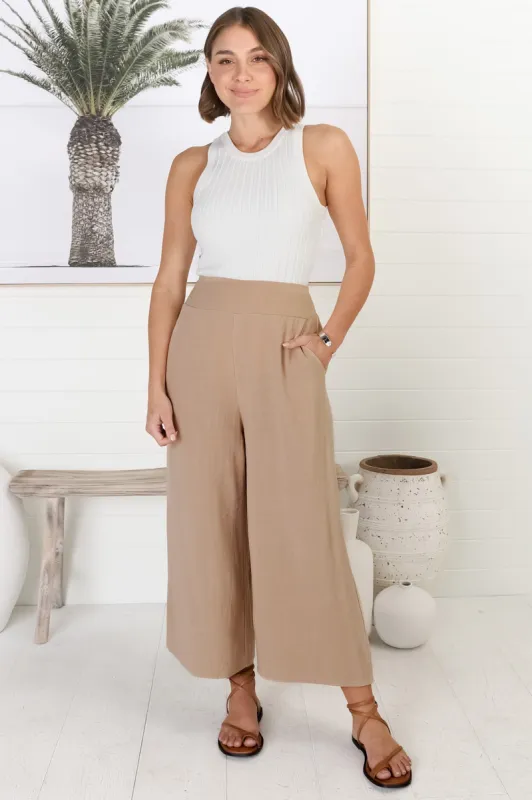 Wyatt Pants - Linen Blend 3/4 Cropped Pants with Pockets in Dark Beige sold by Salty Crush