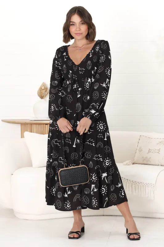 Elias Midi Dress - Shirred Elasticated Bodice A Line Dress with Long Sleeves in Maui Print Black sold by Salty Crush